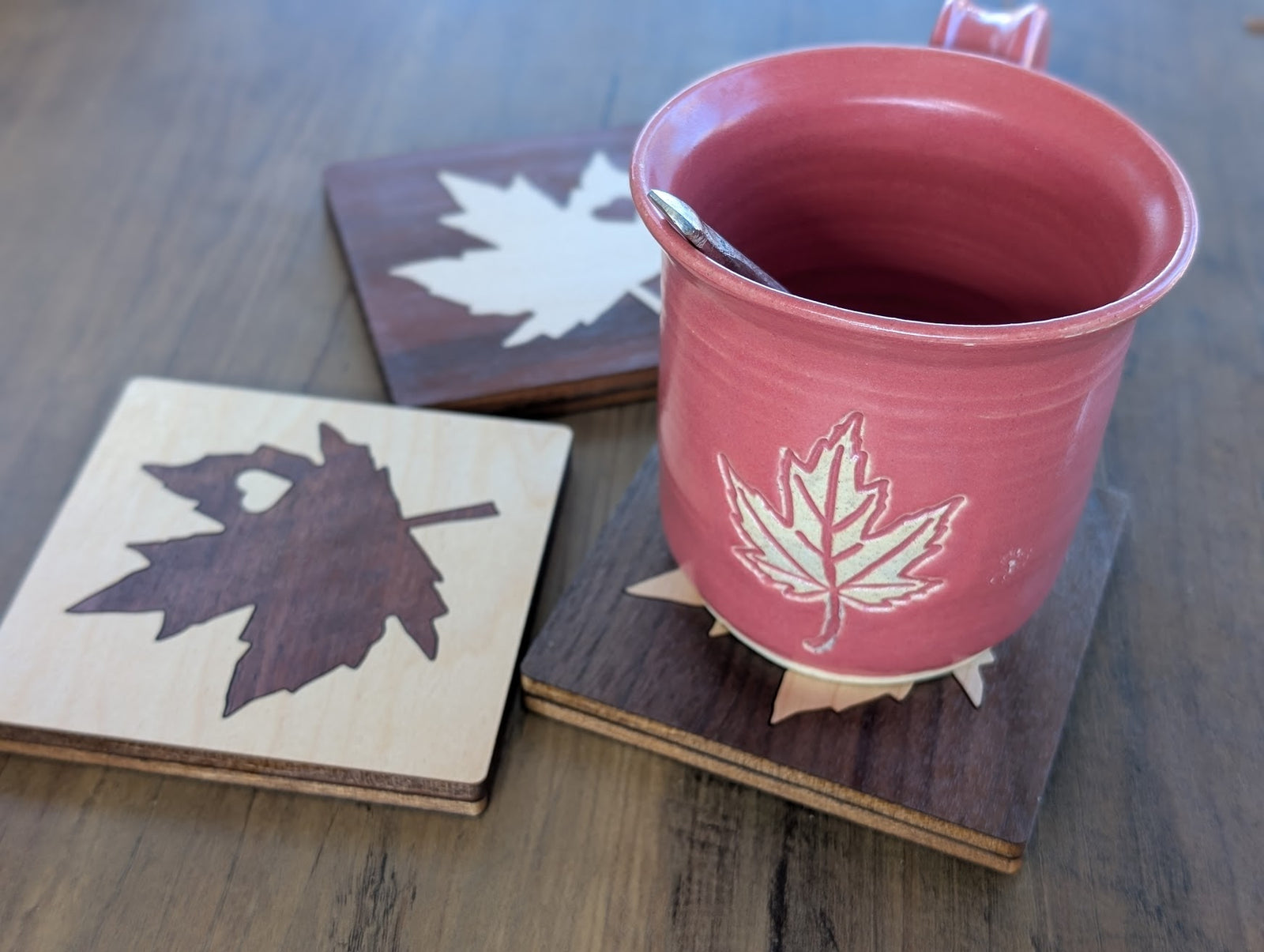 Maple Leaf Wood Inlay Coaster Set - Made in Canada