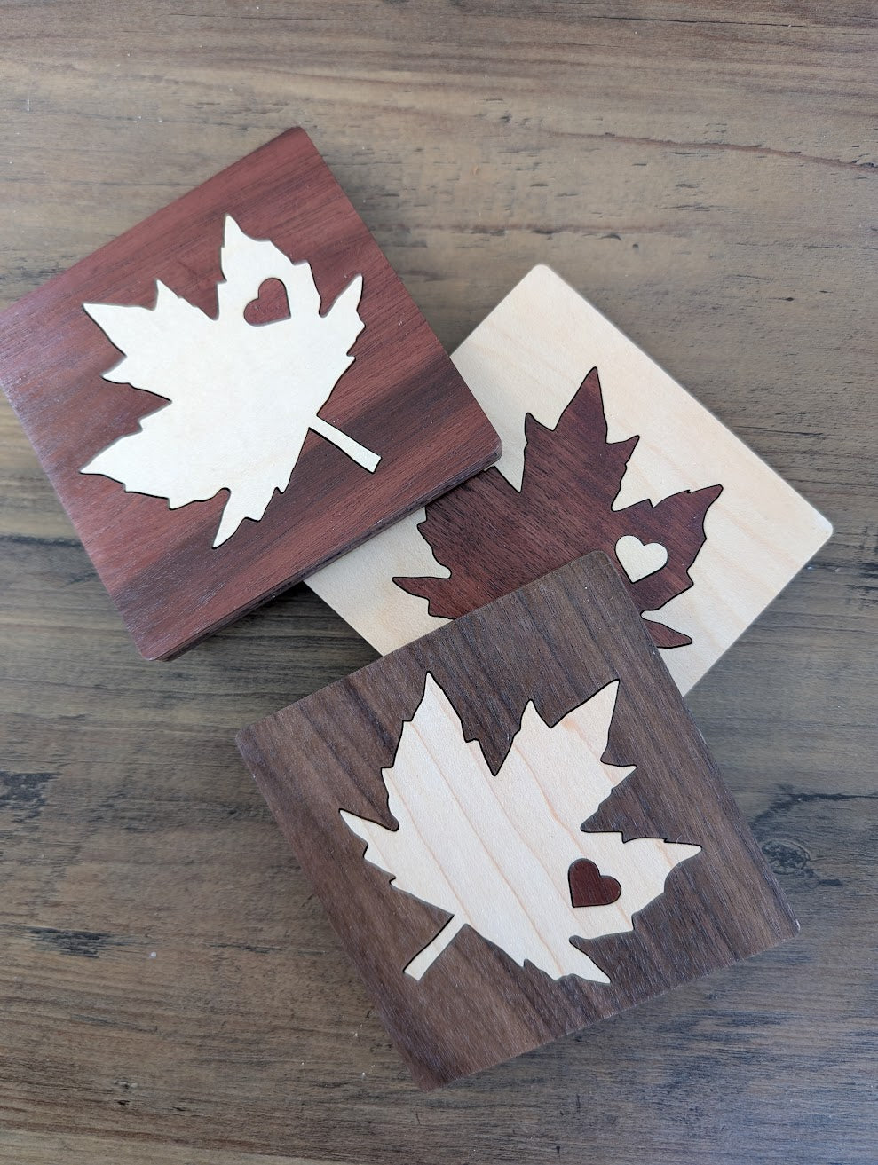 Maple Leaf Wood Inlay Coaster Set - Made in Canada