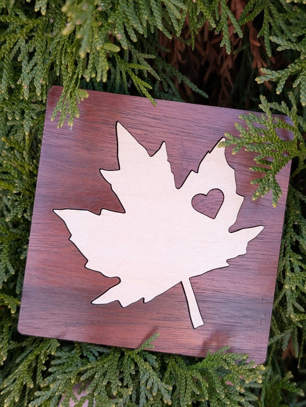 Maple Leaf Wood Inlay Coaster Set - Made in Canada