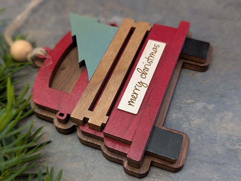 Antique Christmas Tree Truck Ornament - Personalized with Name, Made in Canada, Handmade Wood