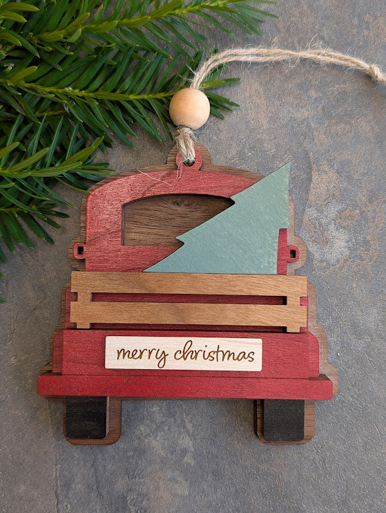 Antique Christmas Tree Truck Ornament - Personalized with Name, Made in Canada, Handmade Wood