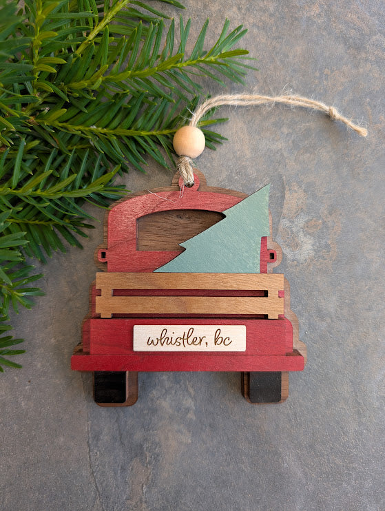 Antique Christmas Tree Truck Ornament - Personalized with Name, Made in Canada, Handmade Wood