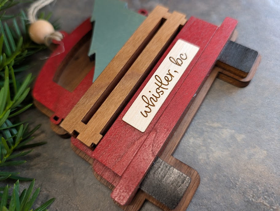 Antique Christmas Tree Truck Ornament - Personalized with Name, Made in Canada, Handmade Wood