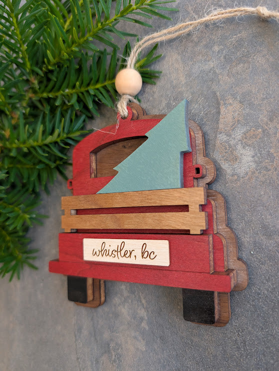 Antique Christmas Tree Truck Ornament - Personalized with Name, Made in Canada, Handmade Wood