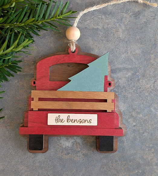 Antique Christmas Tree Truck Ornament - Personalized with Name, Made in Canada, Handmade Wood
