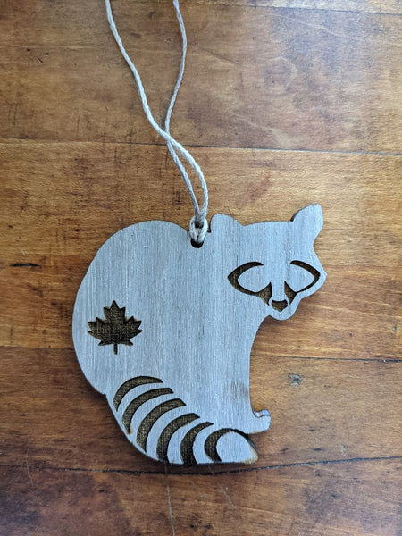 Handmade Raccoon Ornament - Walnut Wood Active