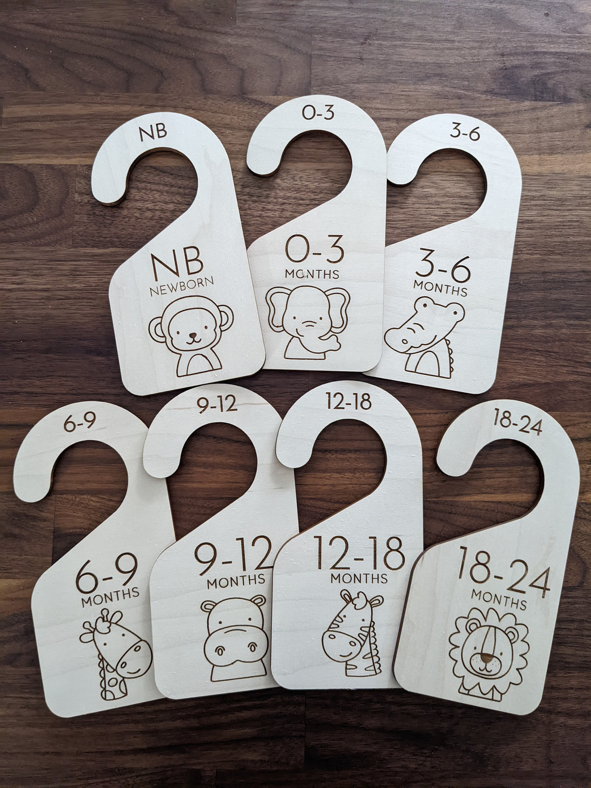 Nursery Closet Dividers - Safari/Savannah Animal Set of 7 (Engraved Wood)