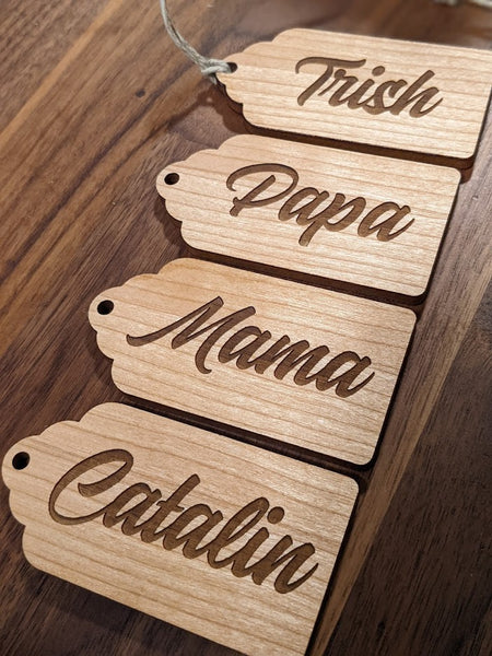 Wood name tags for gift, stocking, ornament, personalization